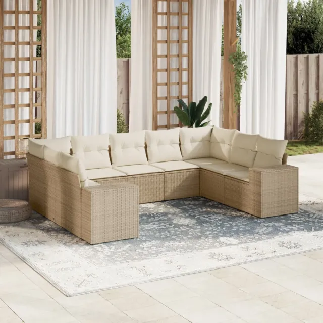 Salon de jardin avec coussins 9 pcs beige résine tressée