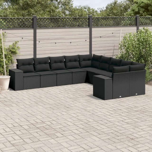 Salon de jardin 10 pcs avec coussins noir résine tressée