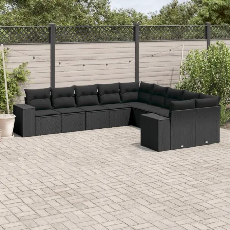 Salon de jardin 10 pcs avec coussins noir résine tressée