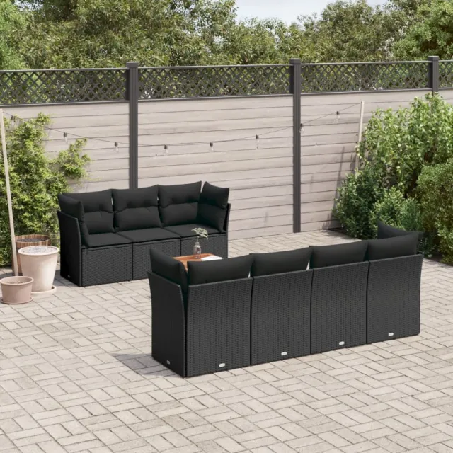 Salon de jardin 8 pcs avec coussins noir résine tressée