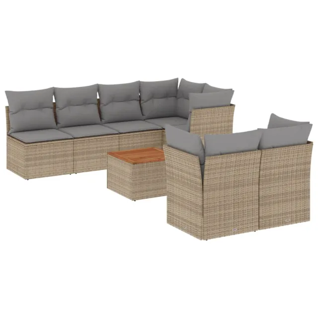 Salon de jardin avec coussins 8 pcs beige résine tressée