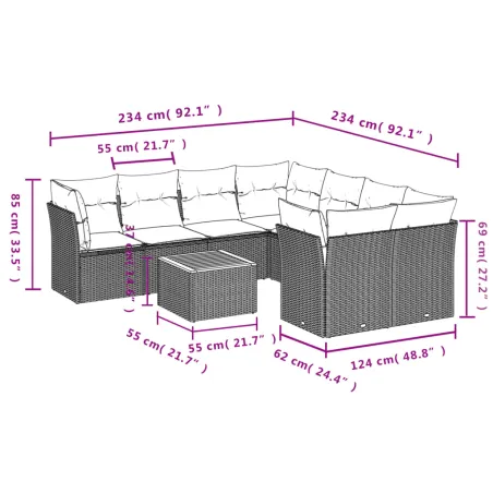 Salon de jardin avec coussins 9 pcs beige résine tressée