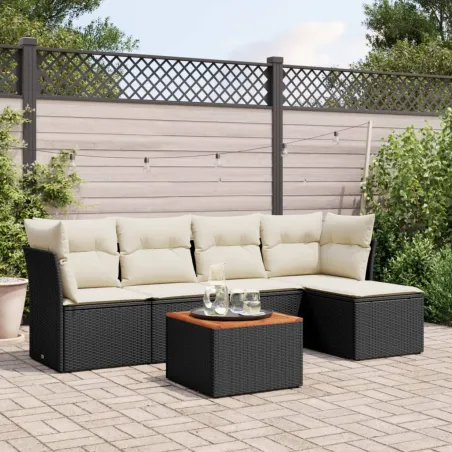 Salon de jardin 6 pcs avec coussins noir résine tressée