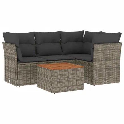 Salon de jardin 5 pcs avec coussins gris résine tressée 2