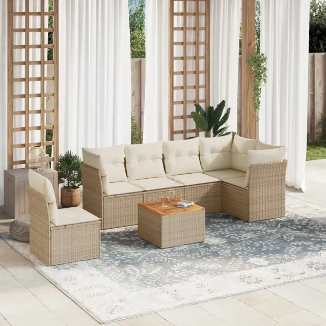 Salon de jardin avec coussins 7 pcs beige résine tressée