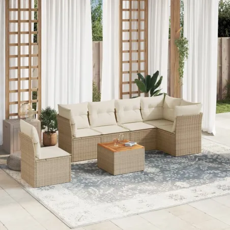 Salon de jardin avec coussins 7 pcs beige résine tressée