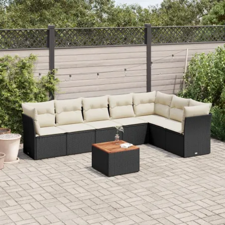 Salon de jardin 8 pcs avec coussins noir résine tressée