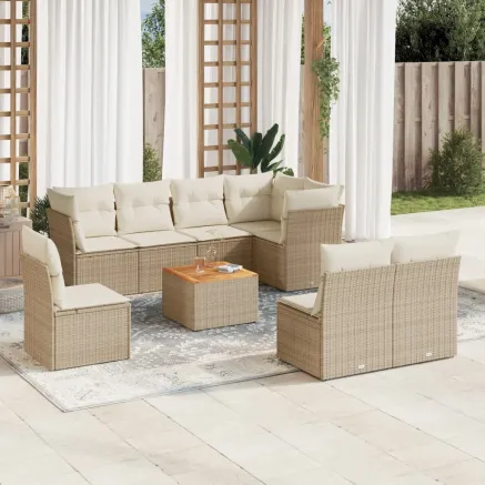 Salon de jardin avec coussins 9 pcs beige résine tressée