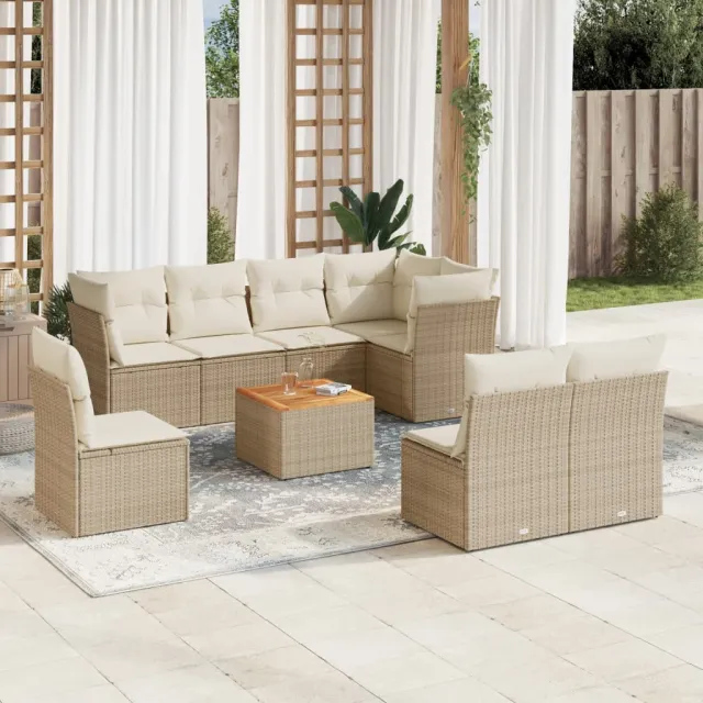 Salon de jardin avec coussins 9 pcs beige résine tressée
