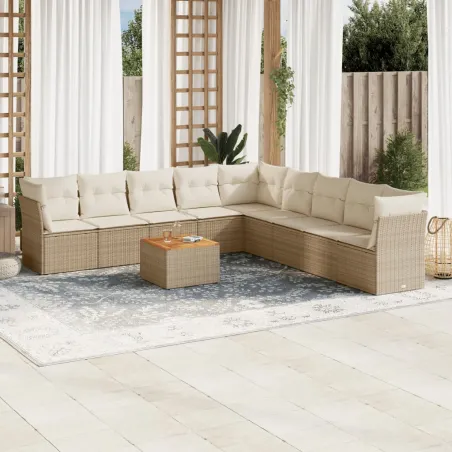 Salon de jardin avec coussins 10 pcs beige résine tressée