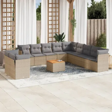 Salon de jardin avec coussins 12 pcs beige résine tressée