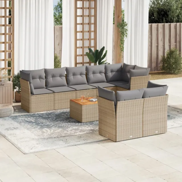 Salon de jardin avec coussins 9 pcs beige résine tressée