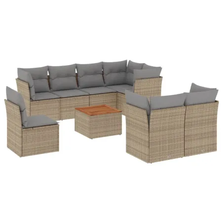 Salon de jardin avec coussins 9 pcs beige résine tressée