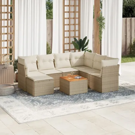 Salon de jardin avec coussins 8 pcs beige résine tressée