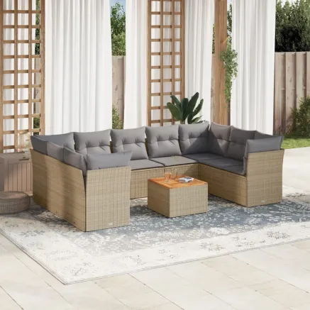 Salon de jardin avec coussins 10 pcs beige résine tressée