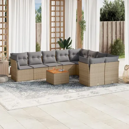 Salon de jardin avec coussins 10 pcs beige résine tressée