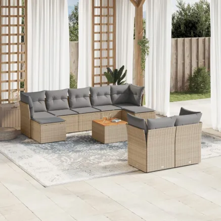 Salon de jardin avec coussins 10 pcs beige résine tressée
