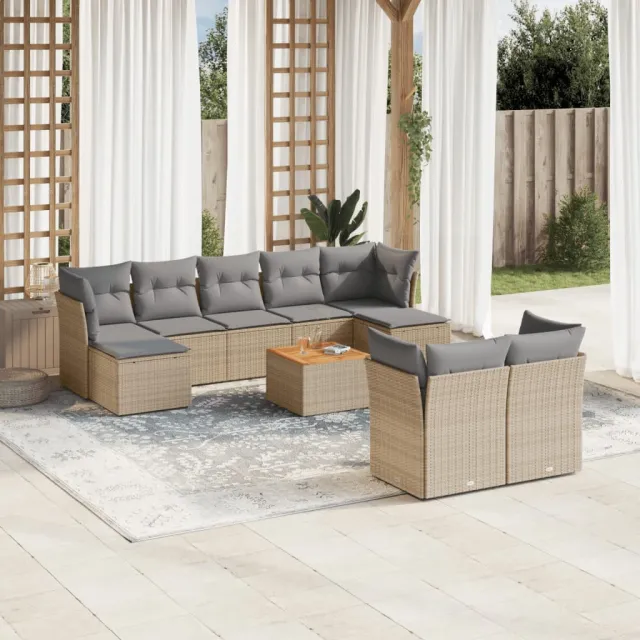Salon de jardin avec coussins 10 pcs beige résine tressée