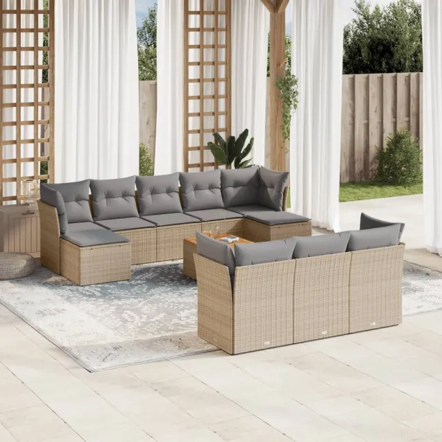 Salon de jardin 11 pcs avec coussins beige résine tressée
