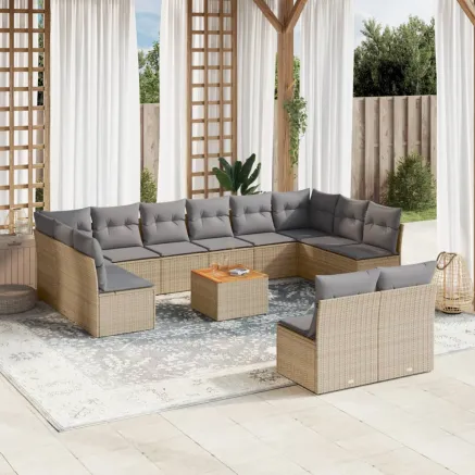 Salon de jardin avec coussins 13 pcs beige résine tressée