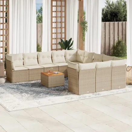 Salon de jardin avec coussins 12 pcs beige résine tressée