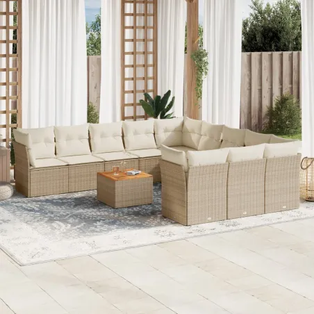 Salon de jardin avec coussins 12 pcs beige résine tressée
