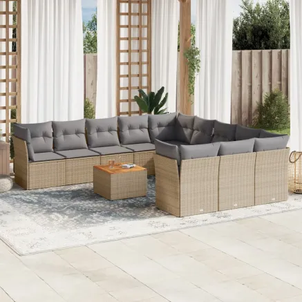 Salon de jardin avec coussins 12 pcs beige résine tressée