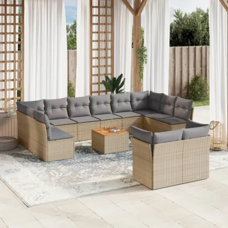 Salon de jardin avec coussins 13 pcs beige résine tressée