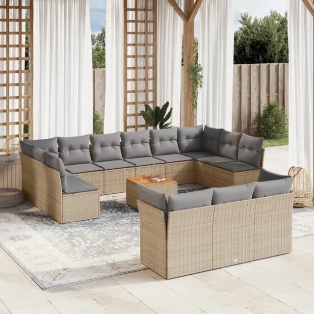 Salon de jardin avec coussins 14 pcs beige résine tressée