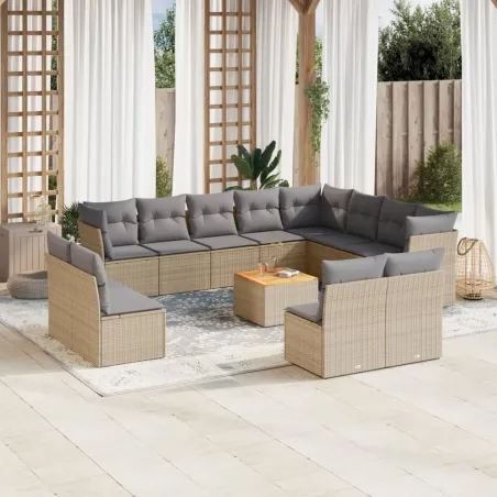 Salon de jardin avec coussins 13 pcs beige résine tressée