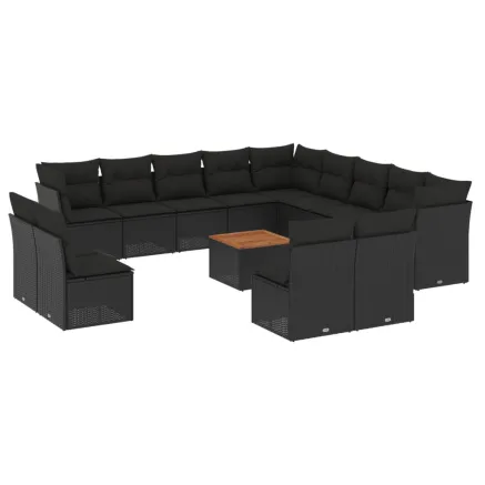 Salon de jardin avec coussins 14 pcs noir résine tressée 2