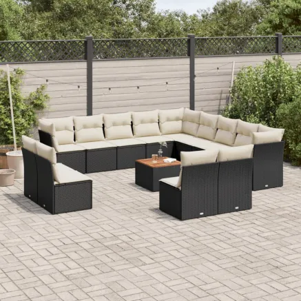 Salon de jardin avec coussins 14 pcs noir résine tressée