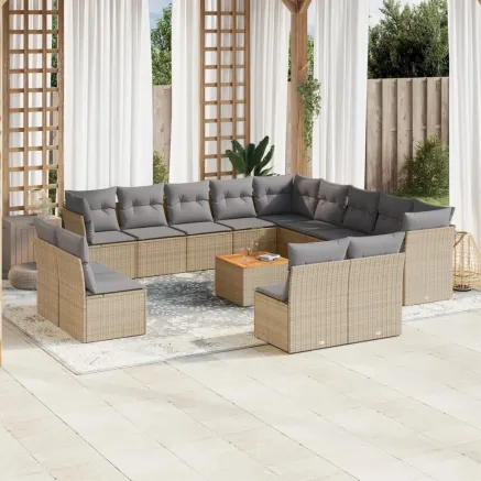 Salon de jardin avec coussins 14 pcs beige résine tressée