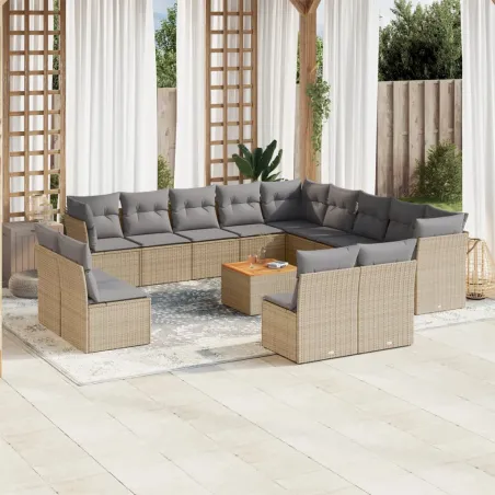 Salon de jardin avec coussins 14 pcs beige résine tressée