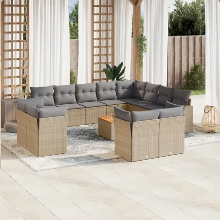 Salon de jardin avec coussins 13 pcs beige résine tressée