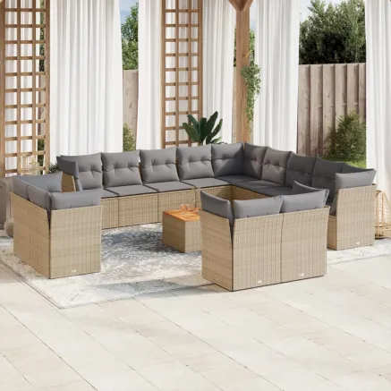 Salon de jardin avec coussins 14 pcs beige résine tressée