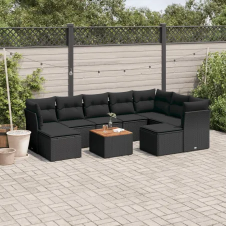 Salon de jardin 10 pcs avec coussins noir résine tressée
