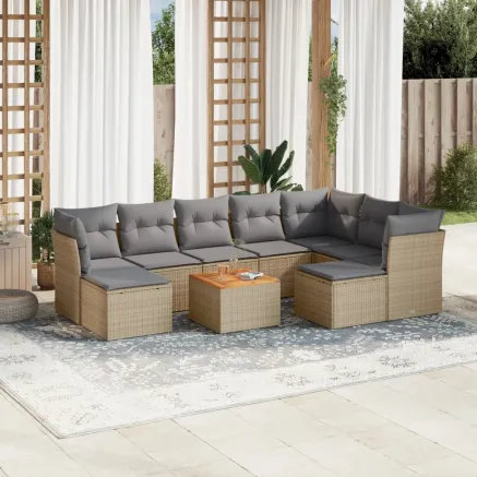 Salon de jardin avec coussins 10 pcs beige résine tressée