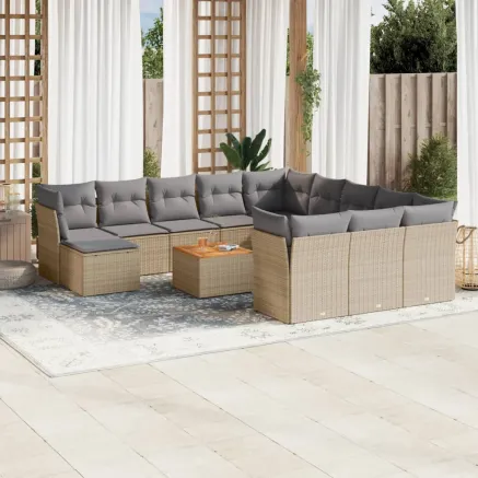 Salon de jardin avec coussins 13 pcs beige résine tressée