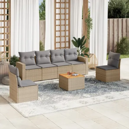 Salon de jardin avec coussins 7 pcs beige résine tressée
