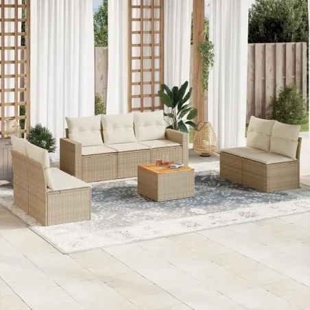 Salon de jardin avec coussins 8 pcs beige résine tressée