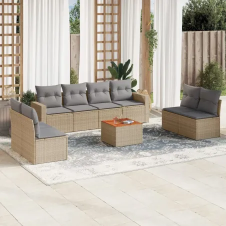 Salon de jardin avec coussins 9 pcs beige résine tressée
