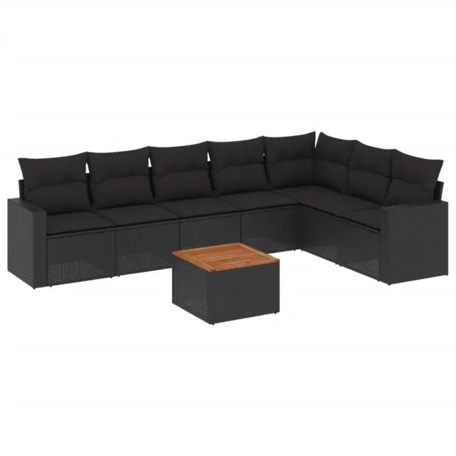 Salon de jardin 8 pcs avec coussins noir résine tressée