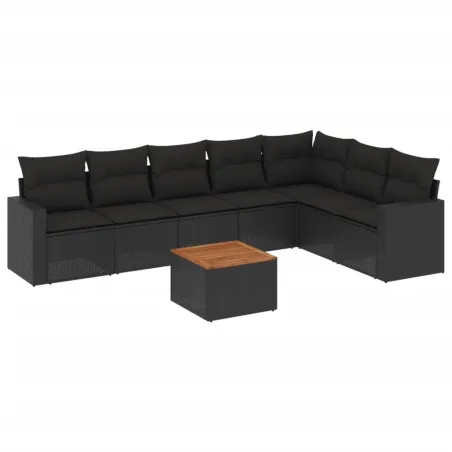 Salon de jardin 8 pcs avec coussins noir résine tressée