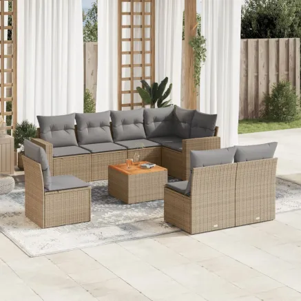 Salon de jardin avec coussins 9 pcs beige résine tressée