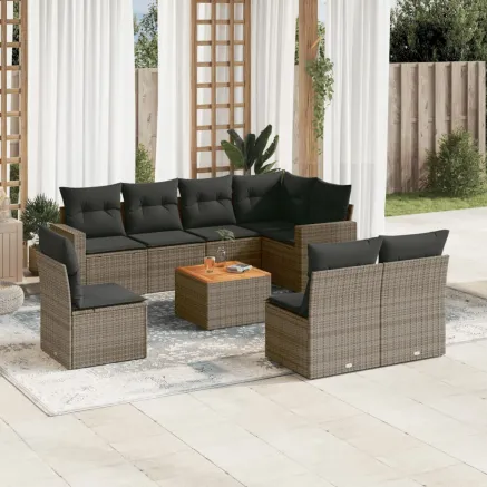 Salon de jardin 9 pcs avec coussins gris résine tressée