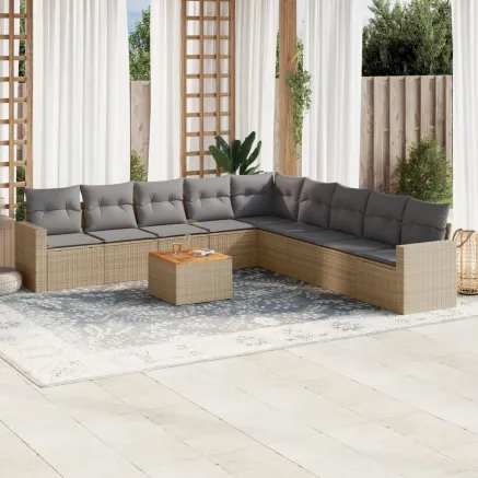 Salon de jardin avec coussins 10 pcs beige résine tressée