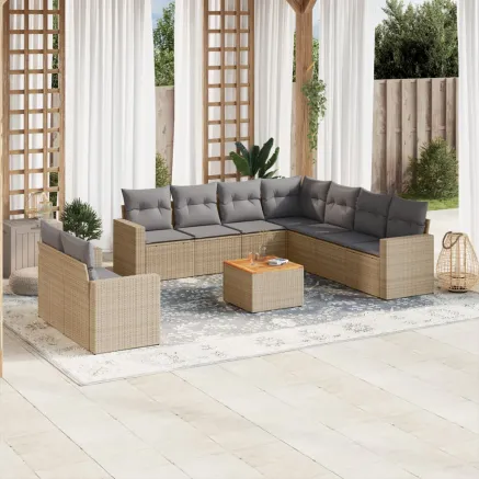Salon de jardin avec coussins 10 pcs beige résine tressée