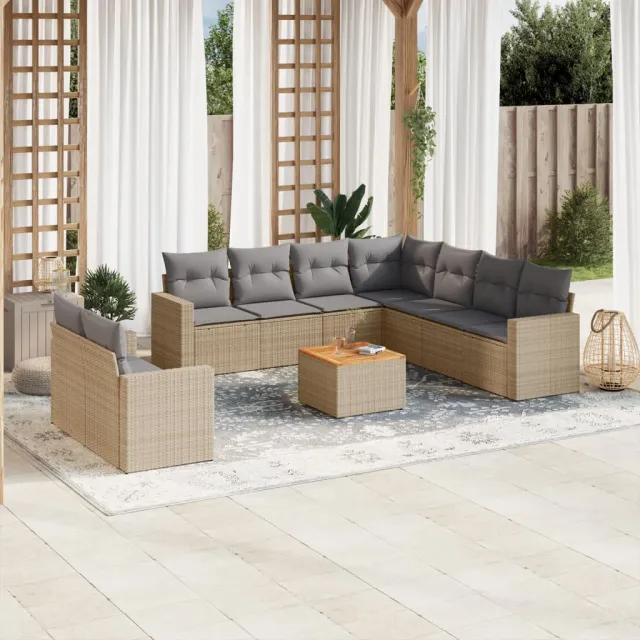 Salon de jardin avec coussins 10 pcs beige résine tressée