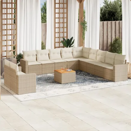 Salon de jardin avec coussins 12 pcs beige résine tressée